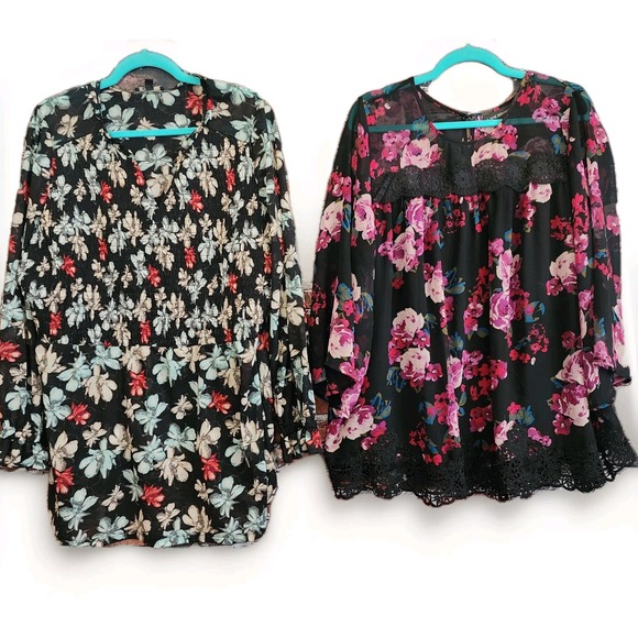 Lane Bryant Womens Top (x2)  Blouse Shirt 18 3/4 Sleeve Black Sheer Lace Smocked - Picture 1 of 15